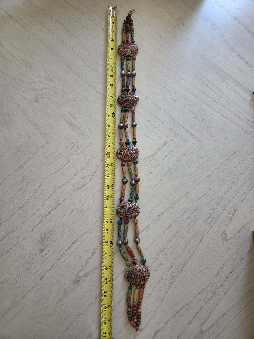 Handmade Bohemian Tribal Necklace w Colorful Beads & Inlaid Oval Medallions